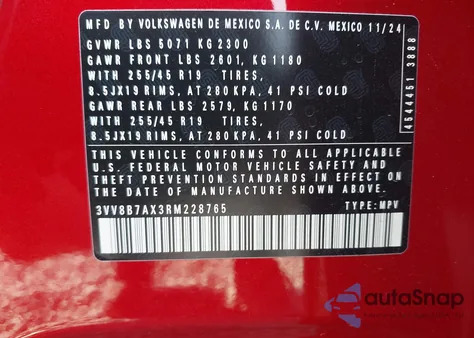 2024 Volkswagen Tiguan 2.0T Se R-Line Black из США, поврежденный, VIN 3VV8B7AX3RM228765